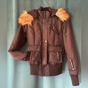 Perfect 2000’s Black Bomber Jacket With Fur Lined Removable Hood.